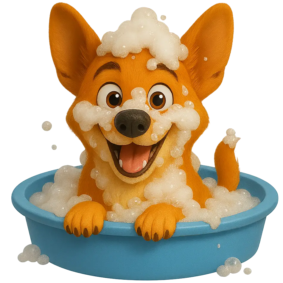 O mascote do sistema Loopvet no banho e tosa.